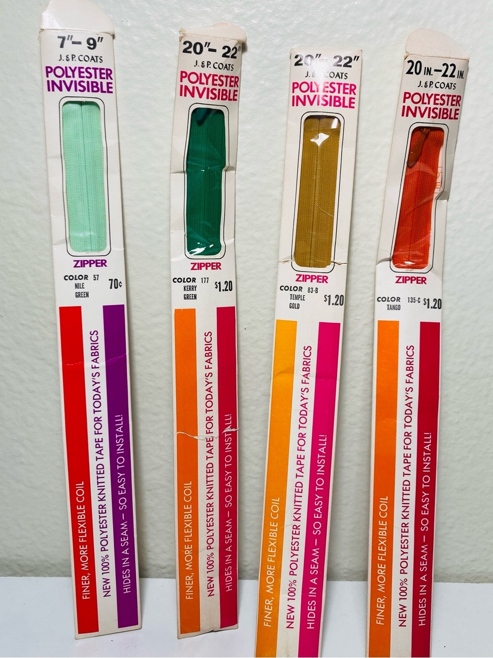 4 Vintage Various Lengths J. & P. Coats Polyester Invisible Zippers
